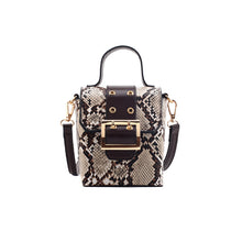 Load image into Gallery viewer, Tan and black snakeskin cross body messenger bag with buckle